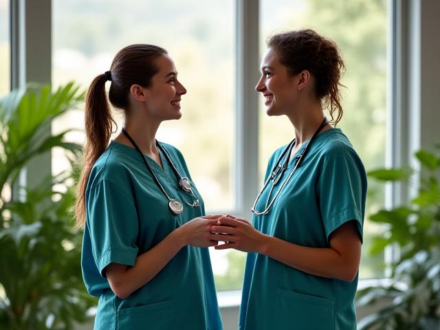 Healthcare professionals sharing a supportive moment in a break room